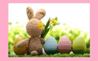 Colorful Easter eggs with a plush bunny toy holding a daffodil, celebrating spring and Easter festivities. Perfect decoration for seasonal cake and cupcake designs.