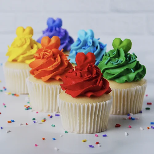 What to make - cupcakes Colorful cupcakes with vibrant frosting swirls and rainbow sprinkles, perfect for birthday parties and celebrations.