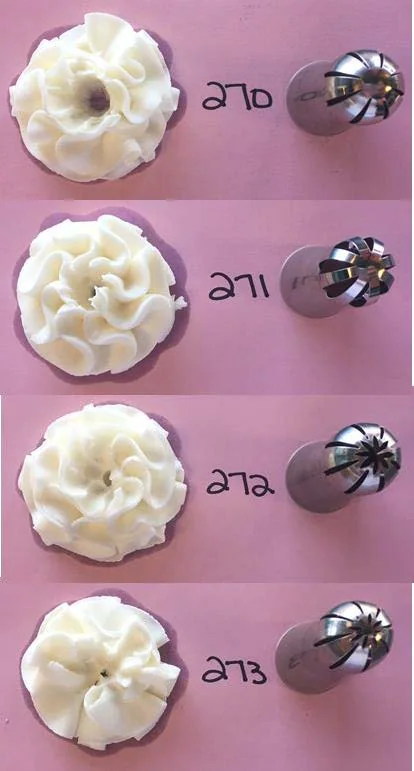 Bright white piping tips on cupcakes with metallic nozzles for cake decorating, from Over the Top Cake Supplies.