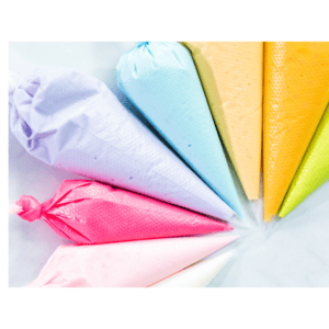 Colorful piping bags for cake decorating in pastel shades, ideal for bakers and cake decorators at Over the Top Cake Supplies.