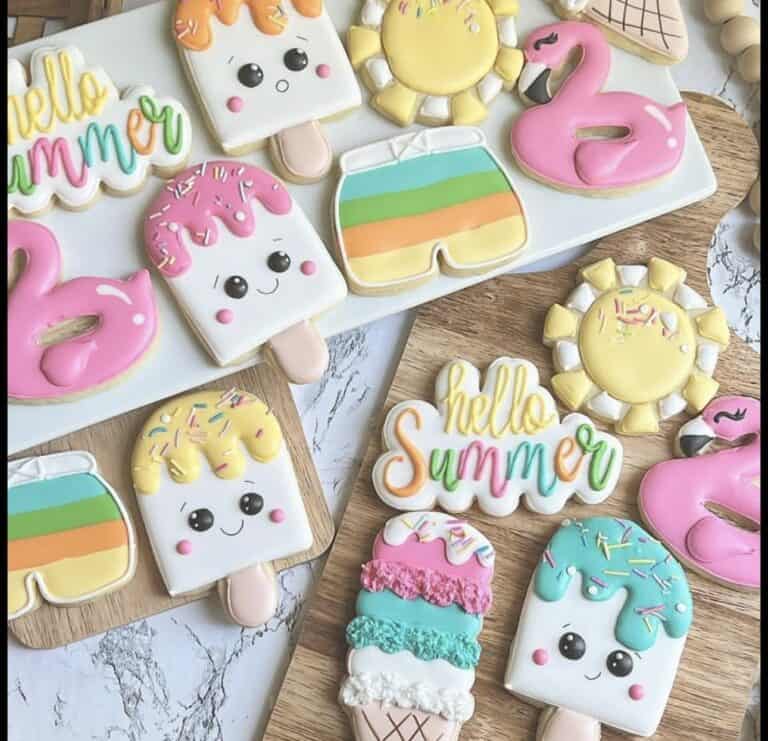 screenshot Colorful summer-themed decorated cookies on display.