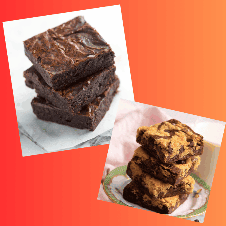 square class poses (1) Stacked chocolate brownies and layered cookie brownies.