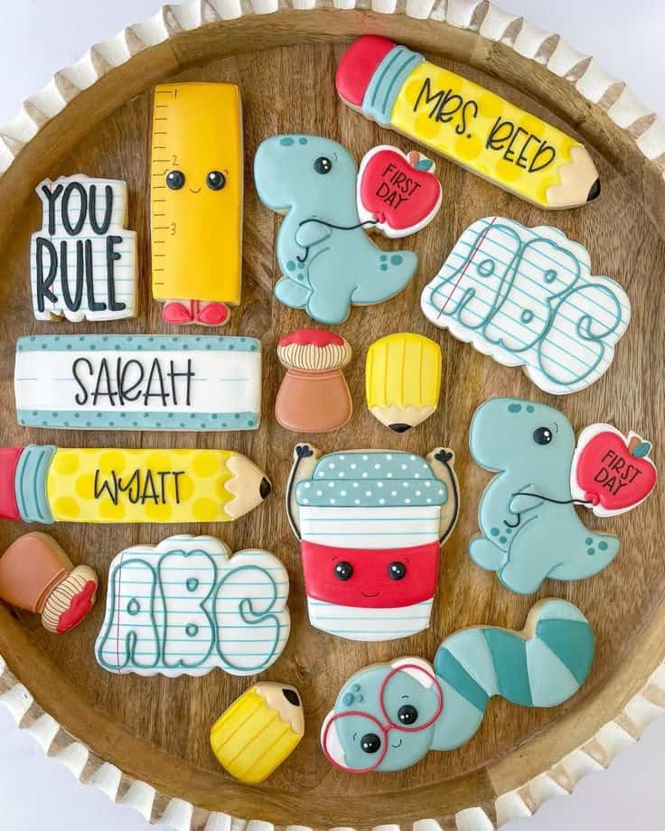 back 2 school cookies Decorative cookies with school theme on a wooden tray.
