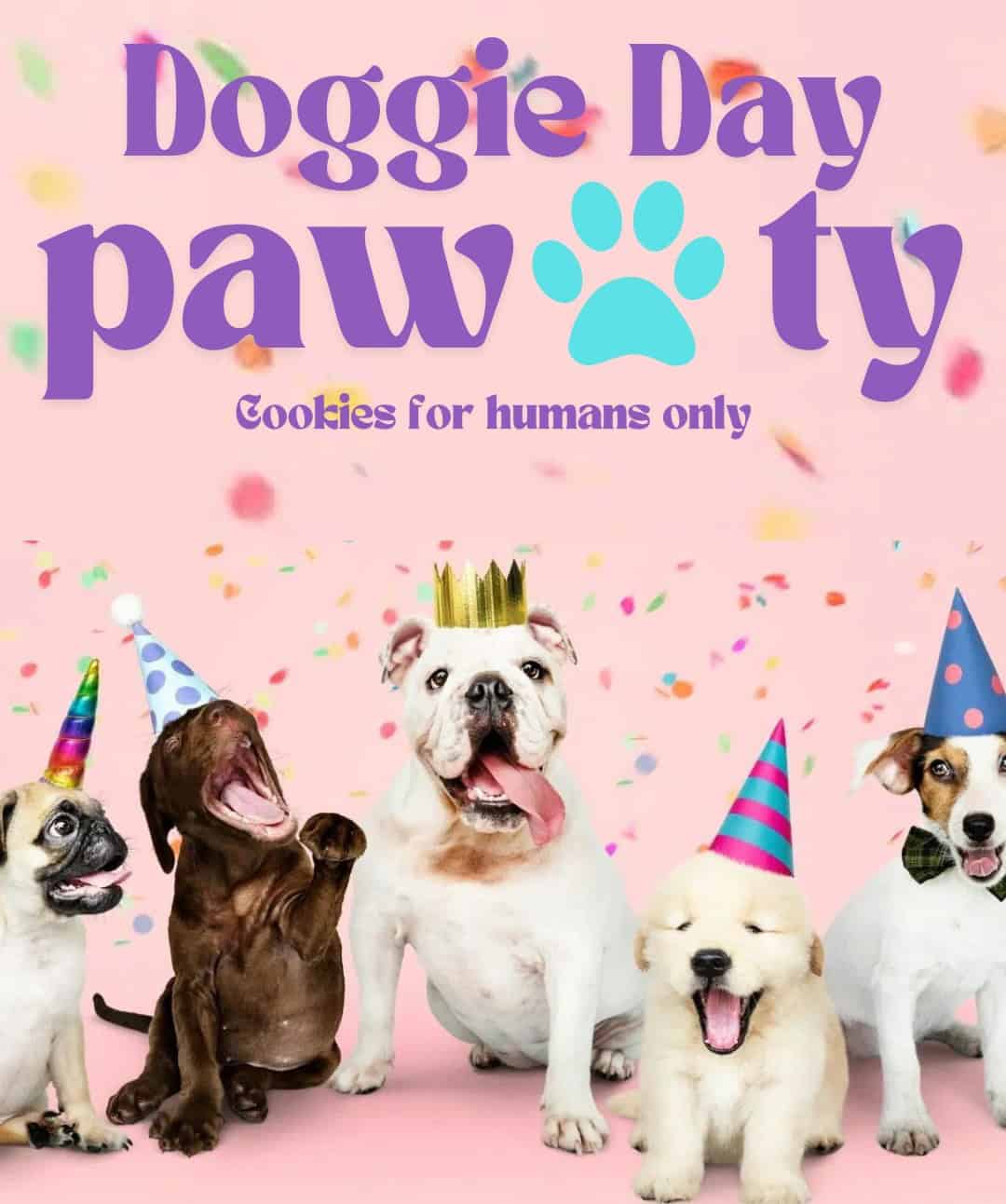 Dogs in party hats celebrating Doggie Day