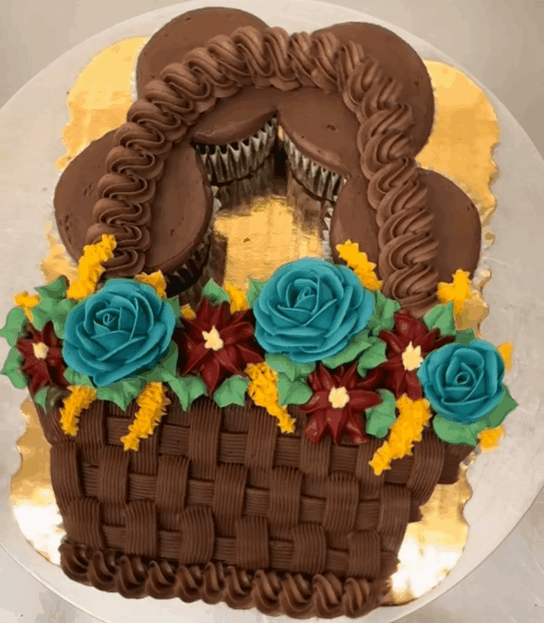 fall basket weave cupcake cake Cupcake basket with colorful flower decorations.