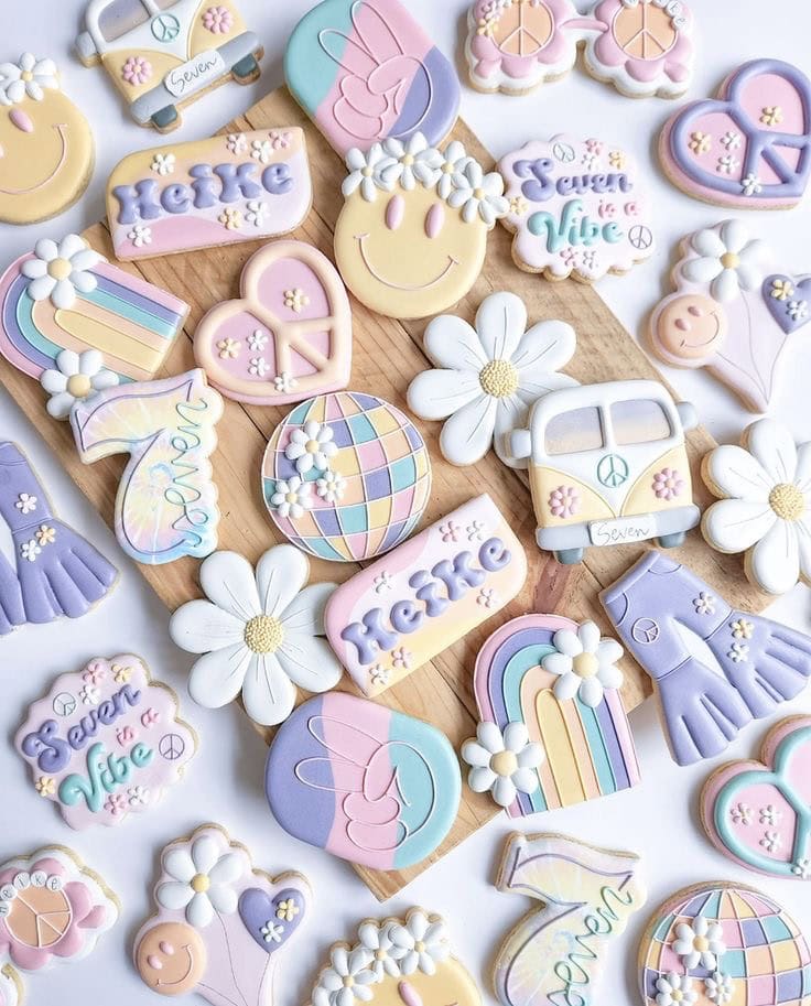 groovy cookies Colorful pastel cookies with peace and flower designs.