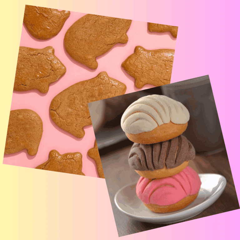 square class poses (2) Animal-shaped cookies and colorful conchas display.