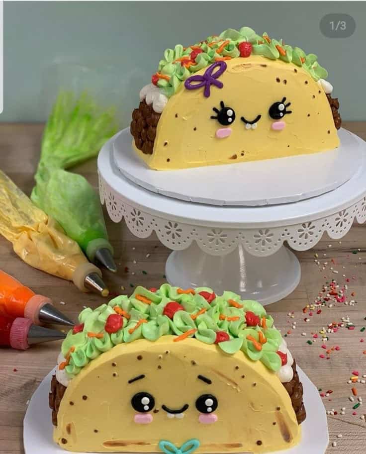 taco party cake Cute taco-themed cakes with smiling faces.