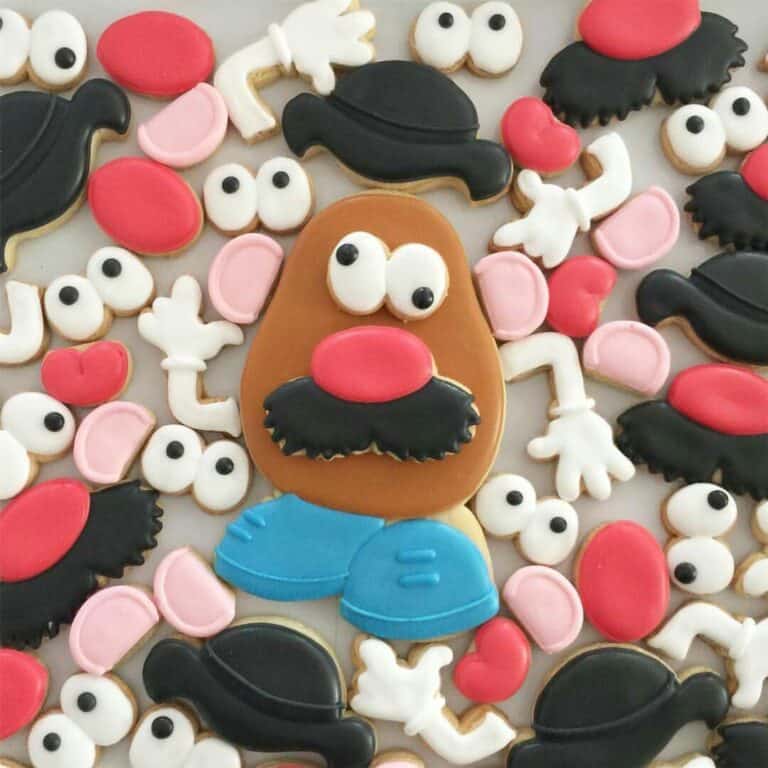 c46b7ccad735750b57438bc0a96bf855 Colorful Mr. Potato Head cookies and parts