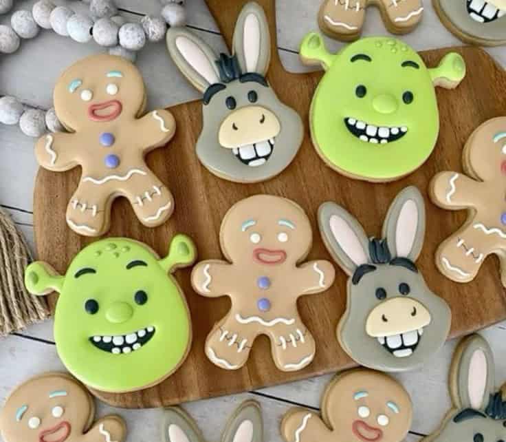 shrek cookies Decorated cookies shaped like cartoon characters.