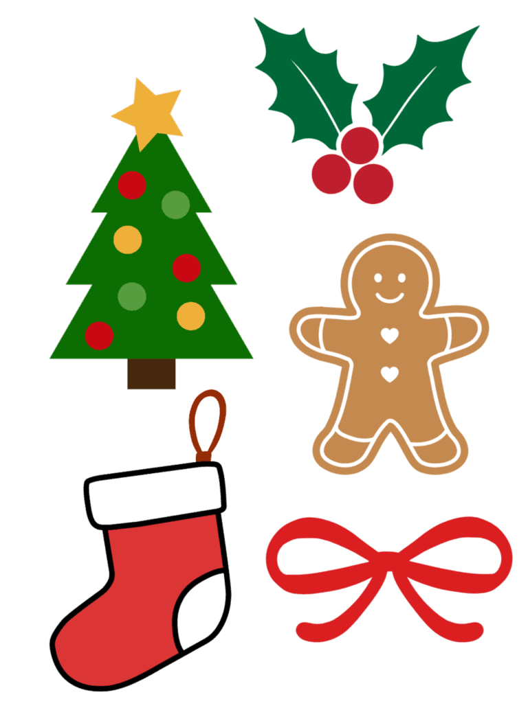 christmas printed cake sandwiches Christmas holiday themed baking supplies and decorations including a Christmas tree with ornaments, holly berries, a gingerbread man, a Christmas stocking, and a red bow, ideal for holiday cake decorating.