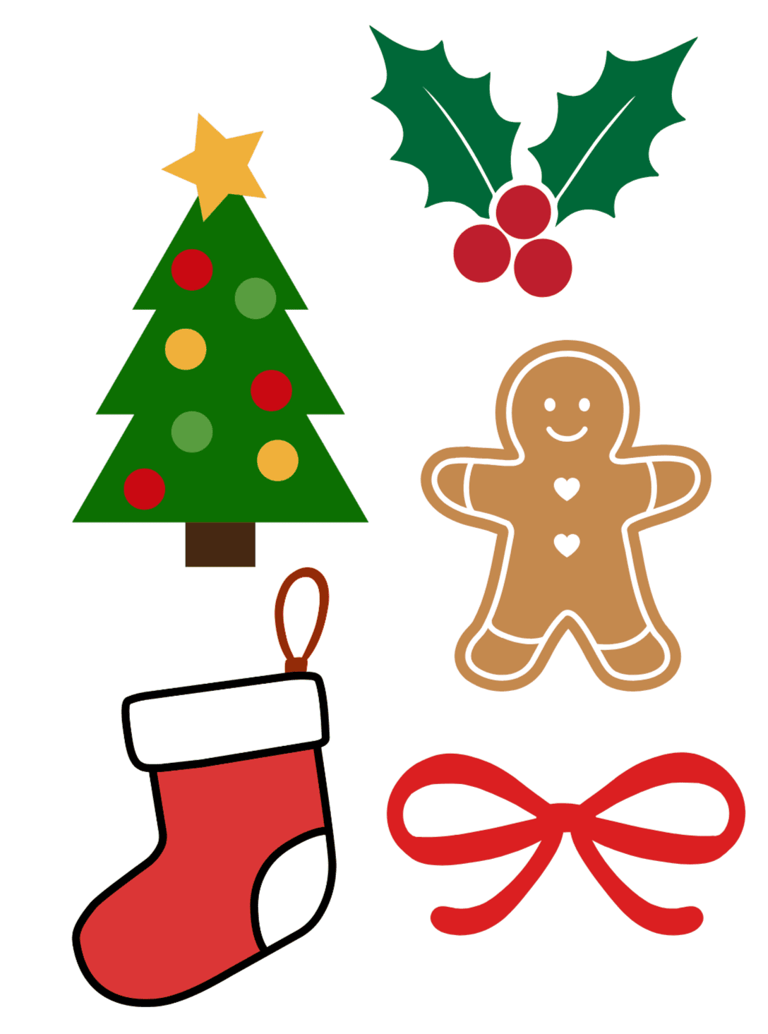 Christmas holiday themed baking supplies and decorations including a Christmas tree with ornaments, holly berries, a gingerbread man, a Christmas stocking, and a red bow, ideal for holiday cake decorating.