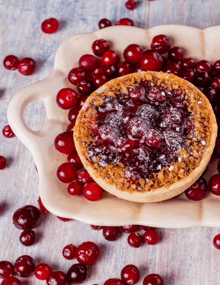 cranberry tartlets Fresh cranberry tart with crumbly crust, topped with a glossy cranberry filling, surrounded by scattered fresh cranberries, perfect for holiday desserts and cake decorating supplies.