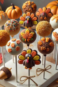 Turkey-themed cake pops, fall autumn cake pops, Thanksgiving dessert, cake pop decorating, seasonal cake treats.