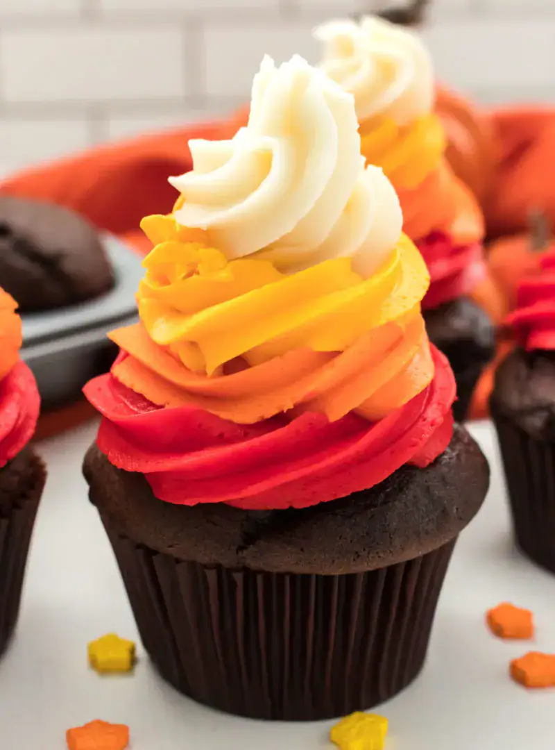 Colorful rainbow cupcake with dark chocolate base and swirled creamy frosting, perfect for birthday celebrations and baking supplies from Over the Top Cake Supplies.