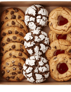 Rich chocolate chip cookies, chocolate crinkle cookies, and cherry-filled thumbprint cookies in a bakery box, showcasing a variety of delicious baked goods for cake decorating and dessert displays.