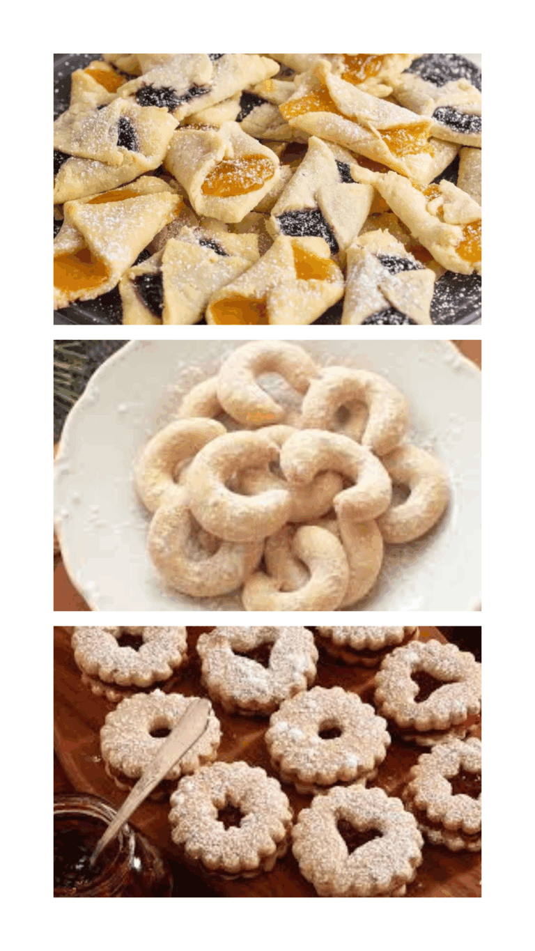 european cookies Butter cookie dough with fruit jam filling, powdered sugar, and festive cookies on a wooden tray, perfect for holiday baking and cake decorating supplies at Over the Top Cake Supplies.