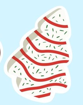 mini tree cakes Decorative Christmas cookie with white icing, red stripes, and green sprinkles for holiday baking and cake decorating.