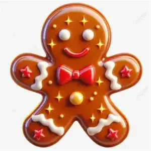Colorful gingerbread cookie decorated with festive icing, stars, and a red bowtie, perfect for holiday baking and cake decorating supplies.