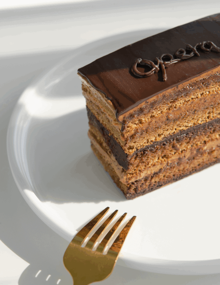 opera cake Delicious layered chocolate cake on a white plate, featuring rich chocolate ganache and intricate frosting, perfect for cake decorating and baking supplies from Over the Top Cake Supplies.