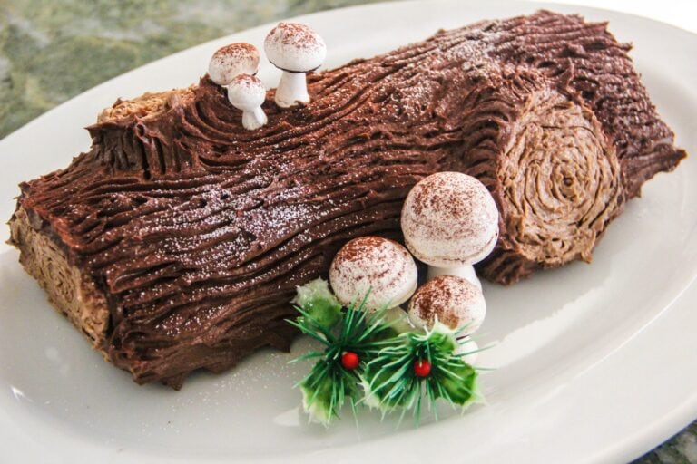 r (2) Chocolate yule log cake for holiday desserts, decorated with edible mushrooms and holly leaves, perfect for Christmas celebrations. Fancy cake, cake supplies, and holiday baking ideas.