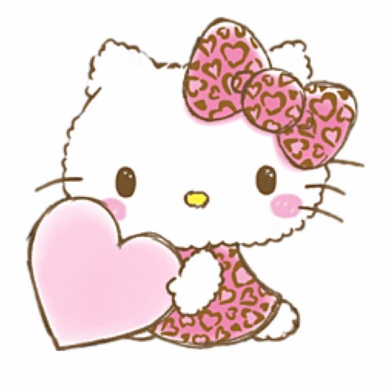 Hello Kitty cake topper with pink leopard print bow, perfect for cake decorating supplies and making adorable birthday cakes. Cute Hello Kitty holding a pink heart, ideal for cake decorating, cake toppers, and baking supplies.