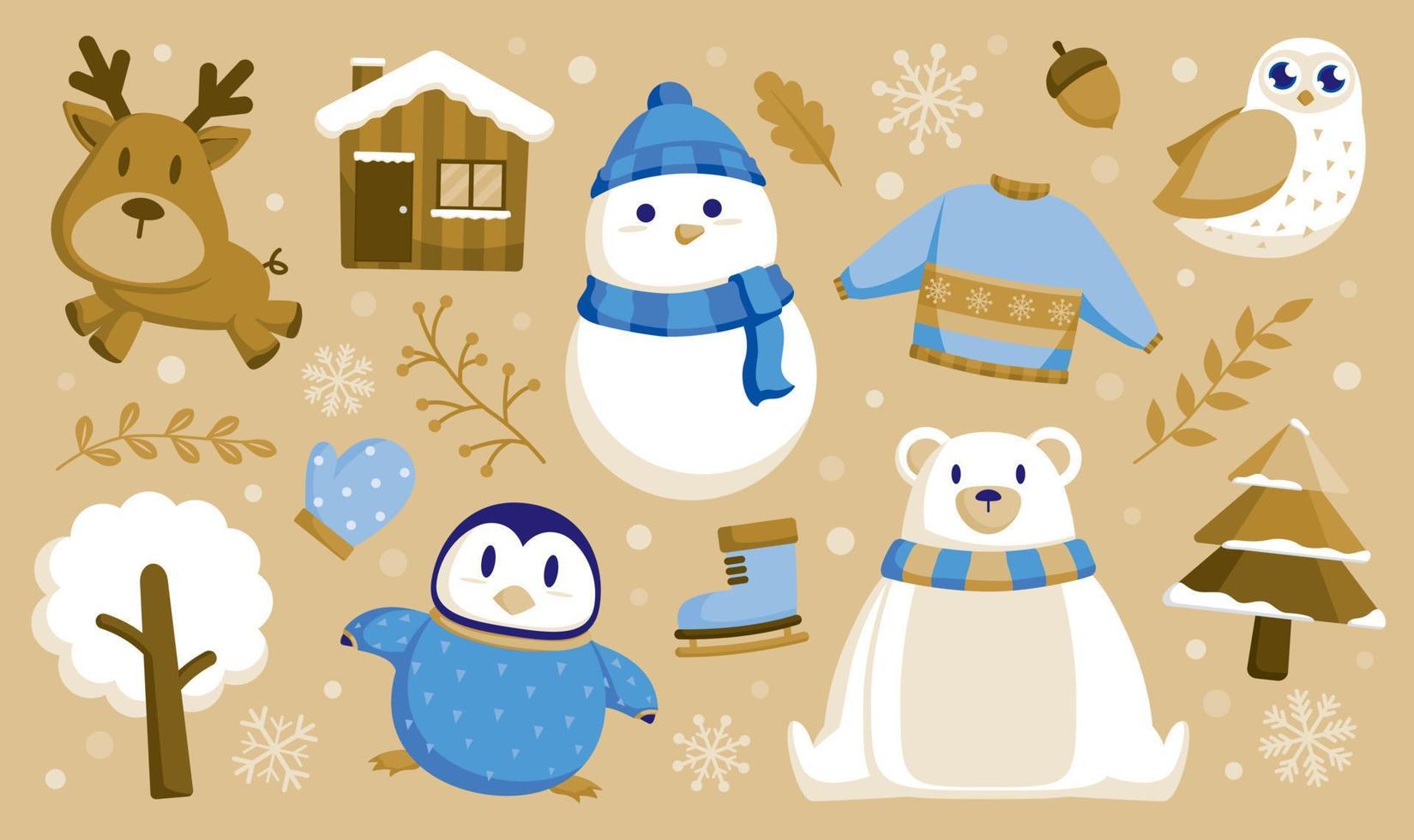 Snowman, penguin, bear, and owl cake toppers with holiday-themed decorations for winter cakes.