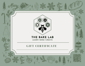 Beautiful eco-friendly gift certificate from The Bake Lab featuring playful holiday-themed illustrations and a honeybee logo, perfect for baking enthusiasts and cake decorating lovers.