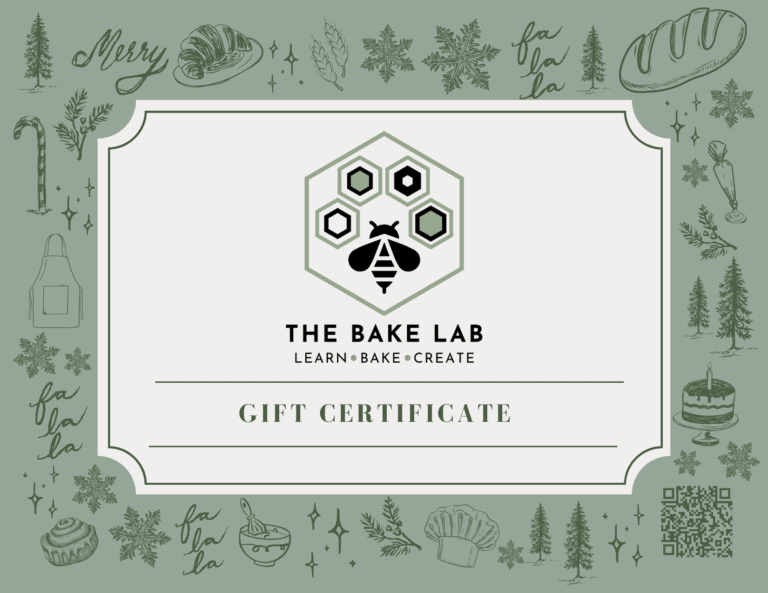 Beautiful eco-friendly gift certificate from The Bake Lab featuring playful holiday-themed illustrations and a honeybee logo, perfect for baking enthusiasts and cake decorating lovers.