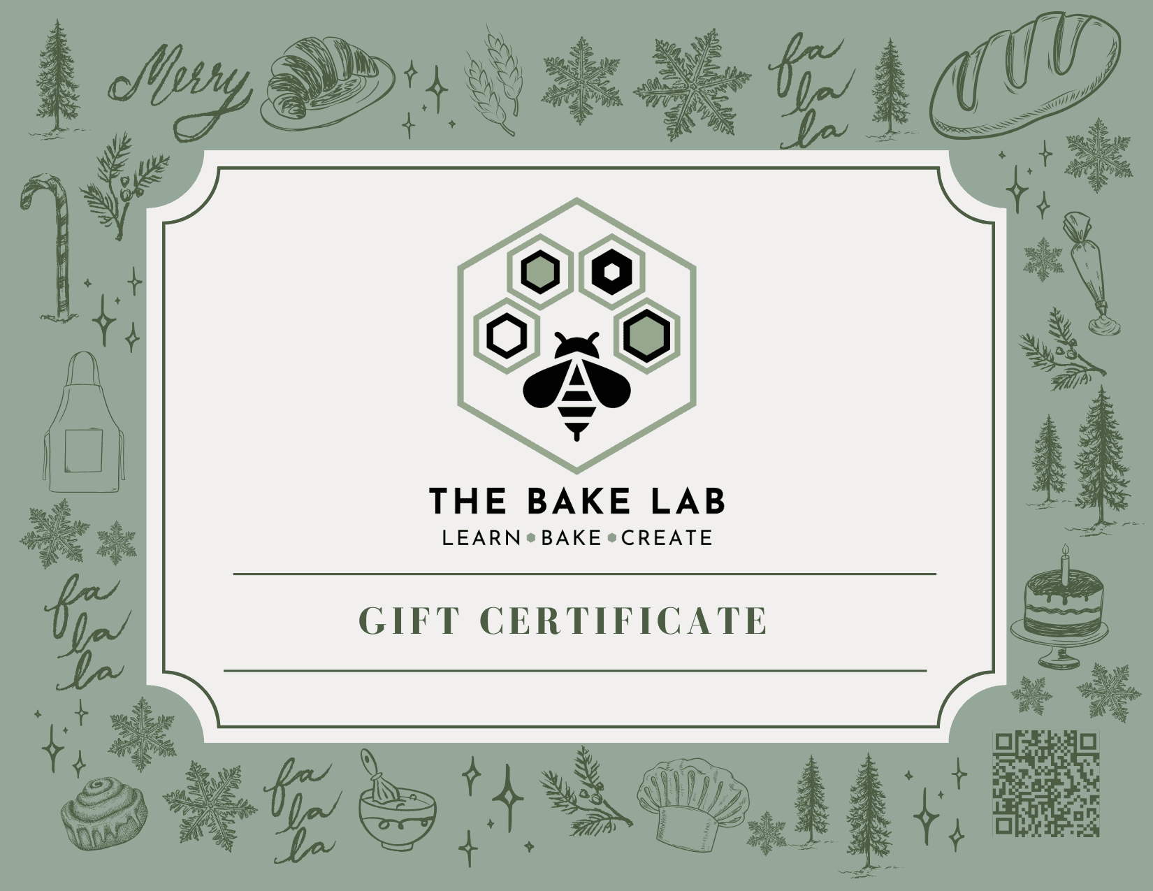 Beautiful eco-friendly gift certificate from The Bake Lab featuring playful holiday-themed illustrations and a honeybee logo, perfect for baking enthusiasts and cake decorating lovers.