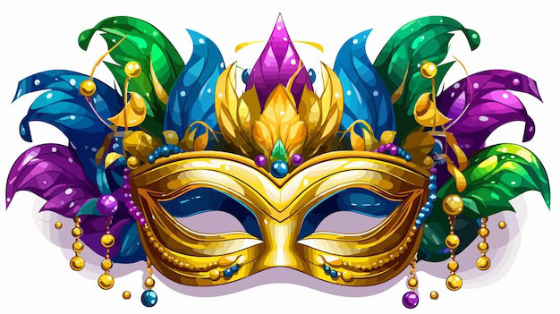 Carnival Mask. Colorful Mardi Gras masquerade mask with feathers, beads, and gold details, perfect for costume parties and celebrations, from Over the Top Cake Supplies.