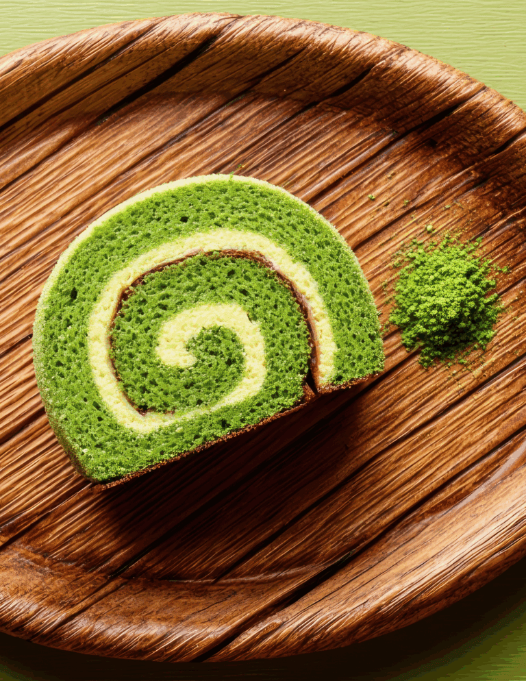 matcha rolls Vegan matcha and vanilla swirl cake roll on rustic wooden board, perfect for bakery supplies and cake decorating.