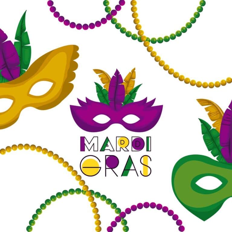 Festive Mardi Gras Masks and Beads. Colorful Mardi Gras masks with feathers and eye cutouts, paired with vibrant beads in purple, green, and gold, perfect for Mardi Gras celebrations and party supply decorations.