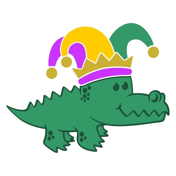 Bright crocodile cake topper with a colorful jester hat, perfect for themed birthday cakes and party decor. Durable and fun, ideal for cake decorating enthusiasts.