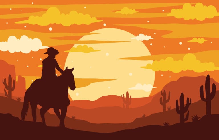 Sunset cowboy riding horse with desert cacti silhouette, warm orange sky and large full moon, Western landscape, Adventure, Rodeo inspiration, Sunset scene for cake decorating themes. Silhouette of cowboy riding a horse during sunset with cacti, perfect for western or cowboy themed cake decorations and party supplies.