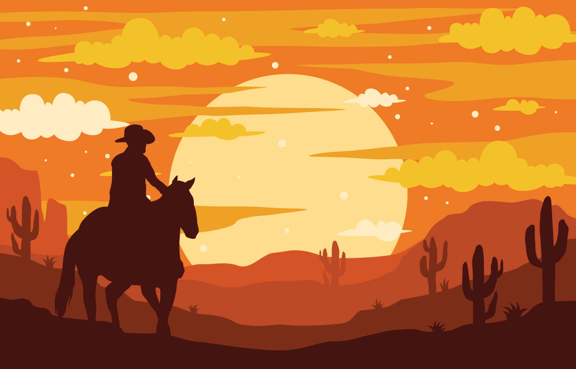 Silhouette of cowboy riding a horse during sunset with cacti, perfect for western or cowboy themed cake decorations and party supplies.