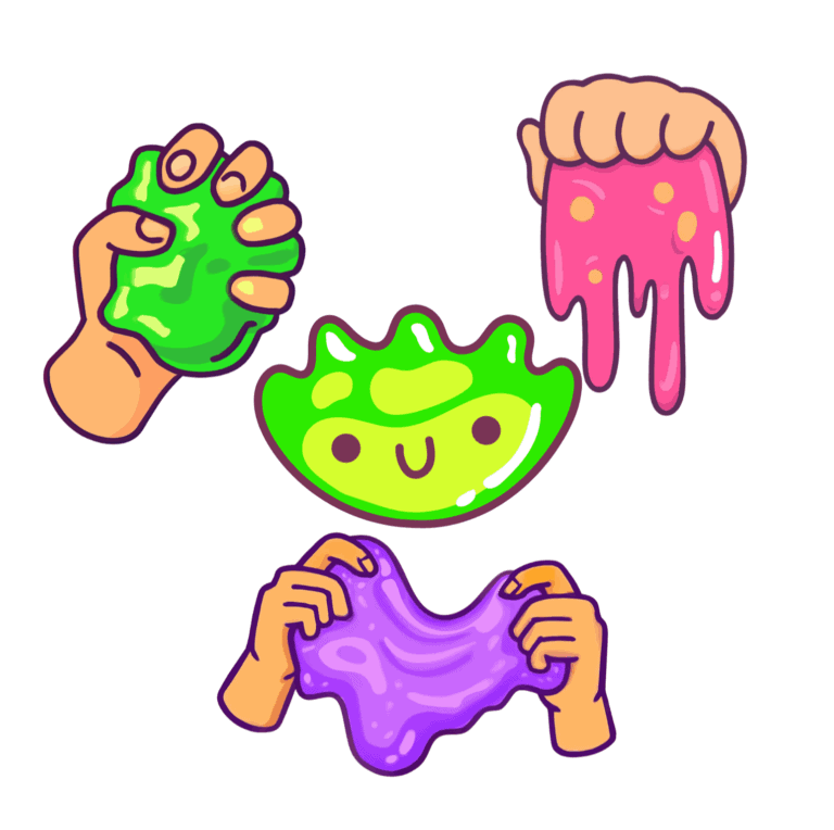 Bright, playful slime toys with cute faces and vibrant colors, perfect for sensory play and stress relief. Includes slime with hands holding it, showcasing fun and squishy textures.