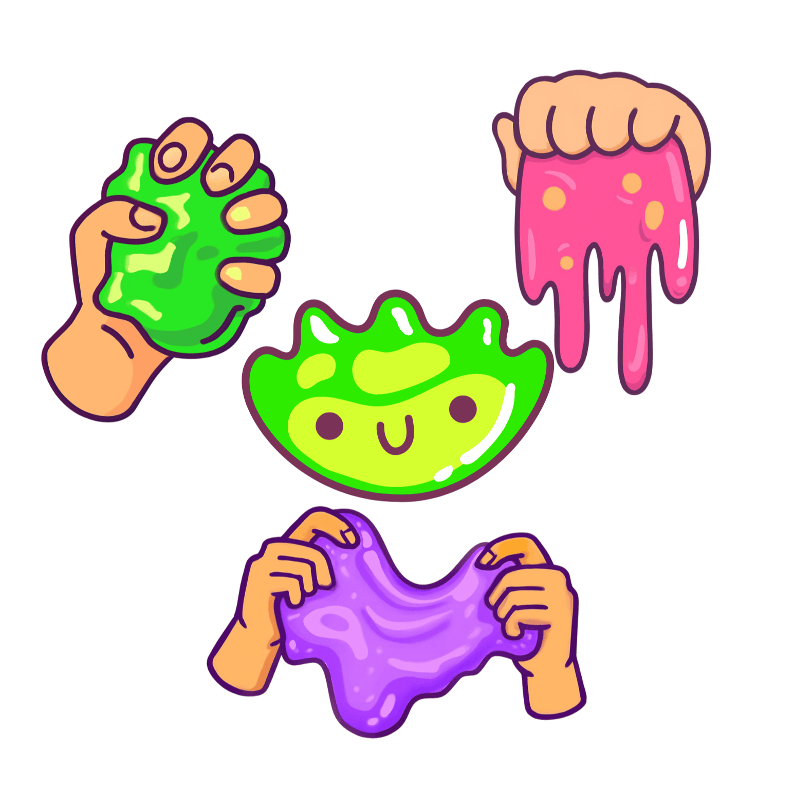 Bright, playful slime toys with cute faces and vibrant colors, perfect for sensory play and stress relief. Includes slime with hands holding it, showcasing fun and squishy textures.