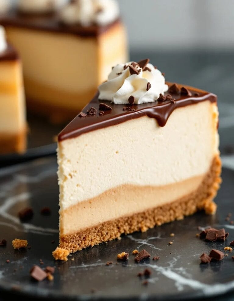 Rich cheesecake with a chocolate glaze, layered with a graham cracker crust. Decorated with whipped cream and chocolate shavings, perfect for cake decorating and dessert supplies.