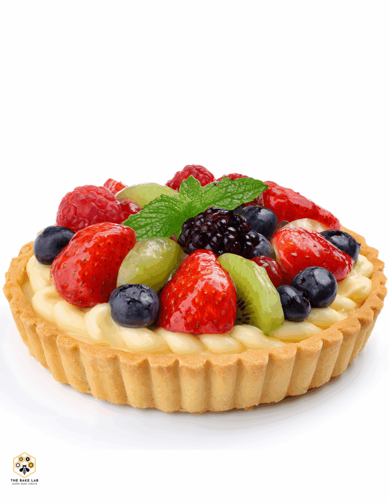 Delicious fruit tart topped with strawberries, blueberries, blackberries, grapes, and fresh mint, perfect for cakes, desserts, and baking supplies at Over the Top Cake Supplies.