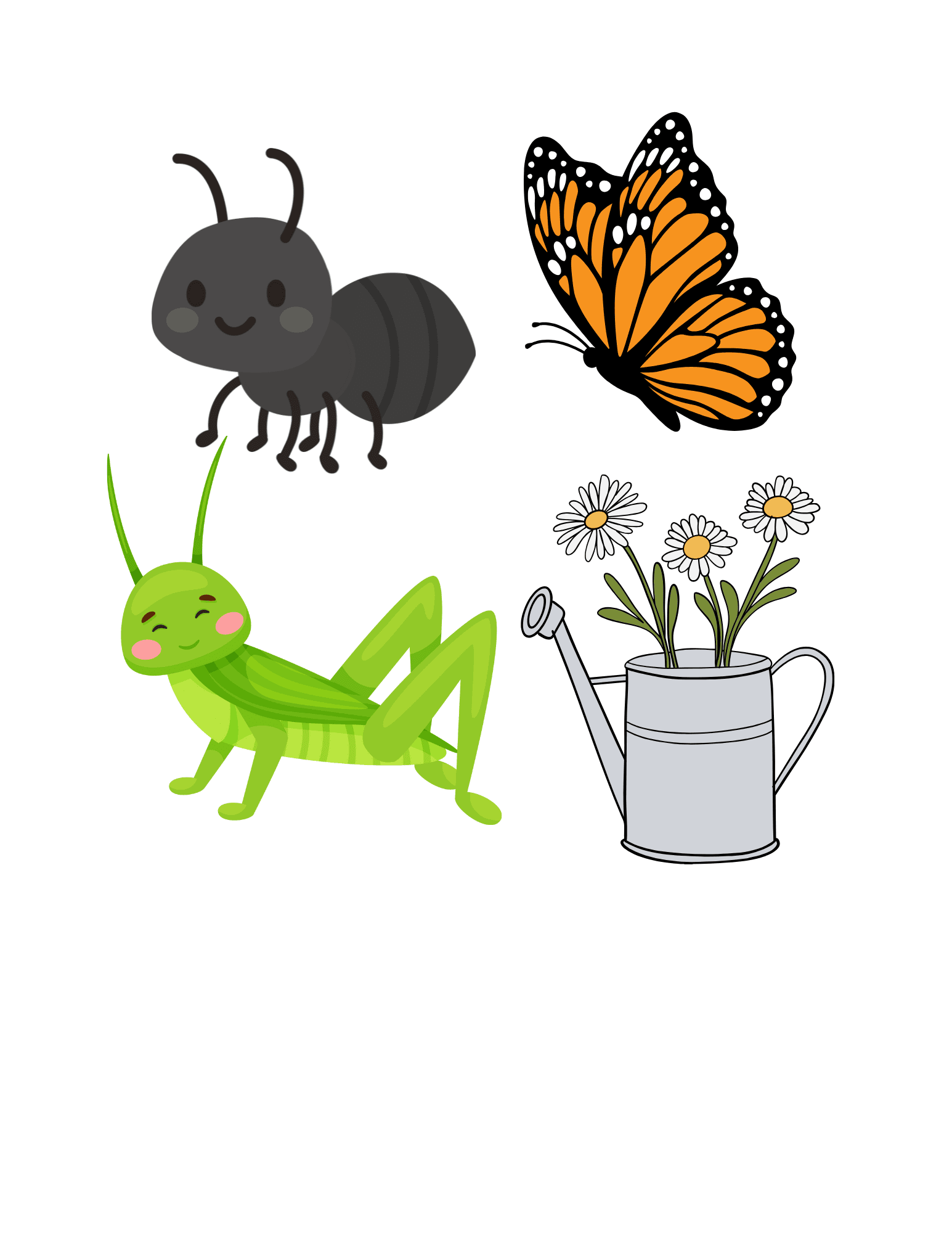 Colorful cartoon insect and flower illustration featuring a cute ant, a vibrant butterfly, a cheerful grasshopper, and daisies in a watering can, ideal for cake decorating, edible sugar decorations, and bakery supplies.
