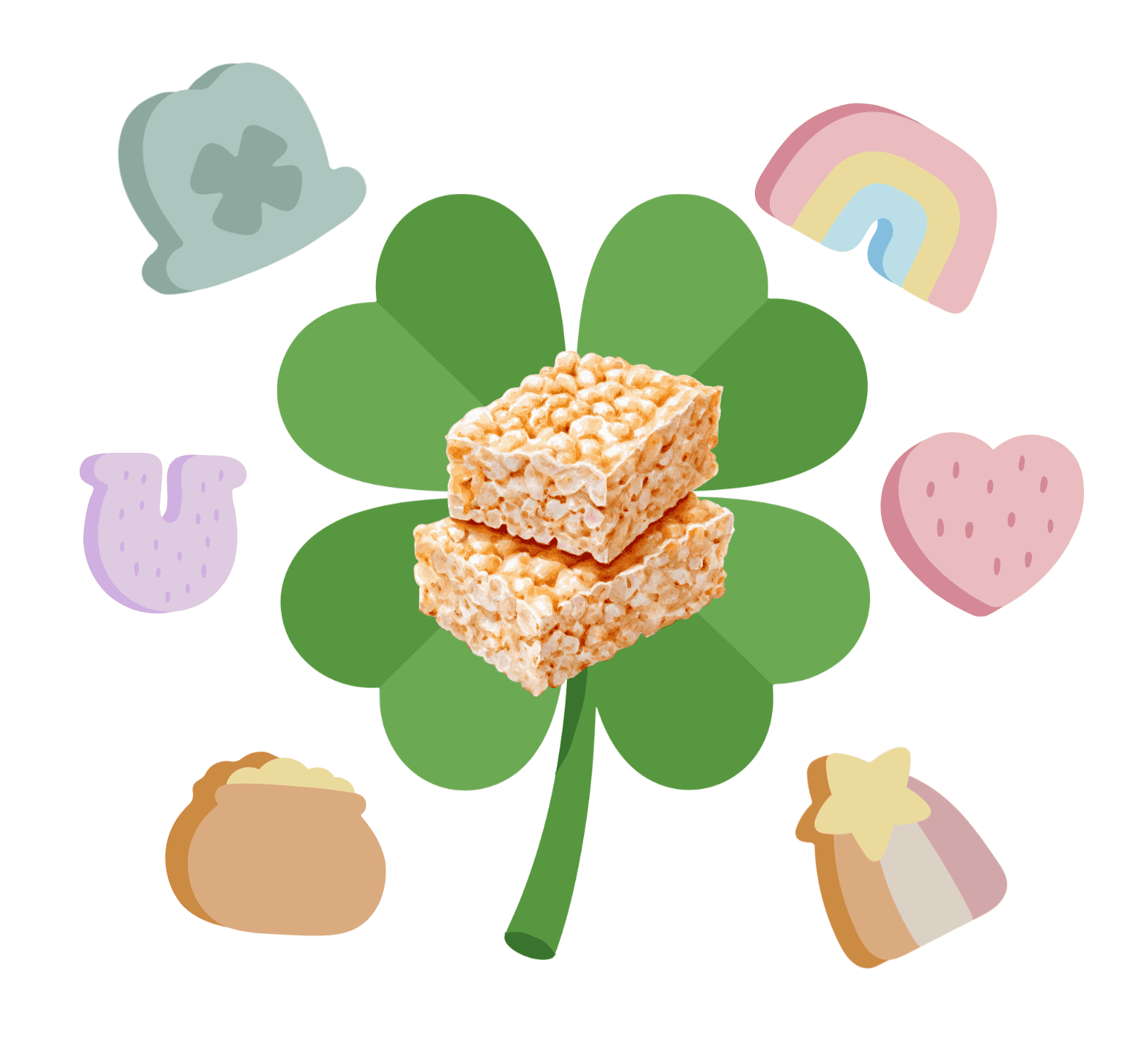 Colorful Lucky Charms cereal bars with marshmallow charms, perfect for snack and dessert recipes. Made with crispy cereal and sweet marshmallows, ideal for baking or on-the-go snacking.