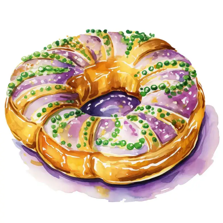 Deluxe Pastry Ring Cake Decoration Supplies. Brightly colored watercolor-style image of a decorated pastry ring cake with purple icing, green sprinkles, and a golden-brown crust, ideal for cake decorating and pastry supplies.