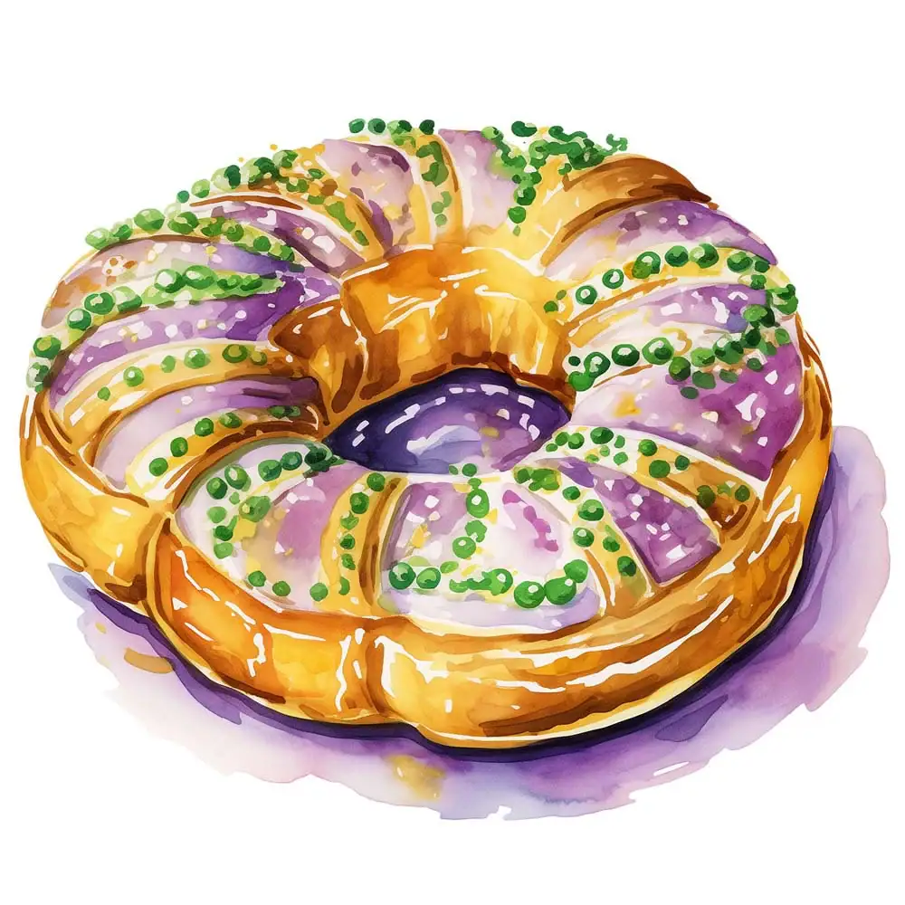 Brightly colored watercolor-style image of a decorated pastry ring cake with purple icing, green sprinkles, and a golden-brown crust, ideal for cake decorating and pastry supplies.
