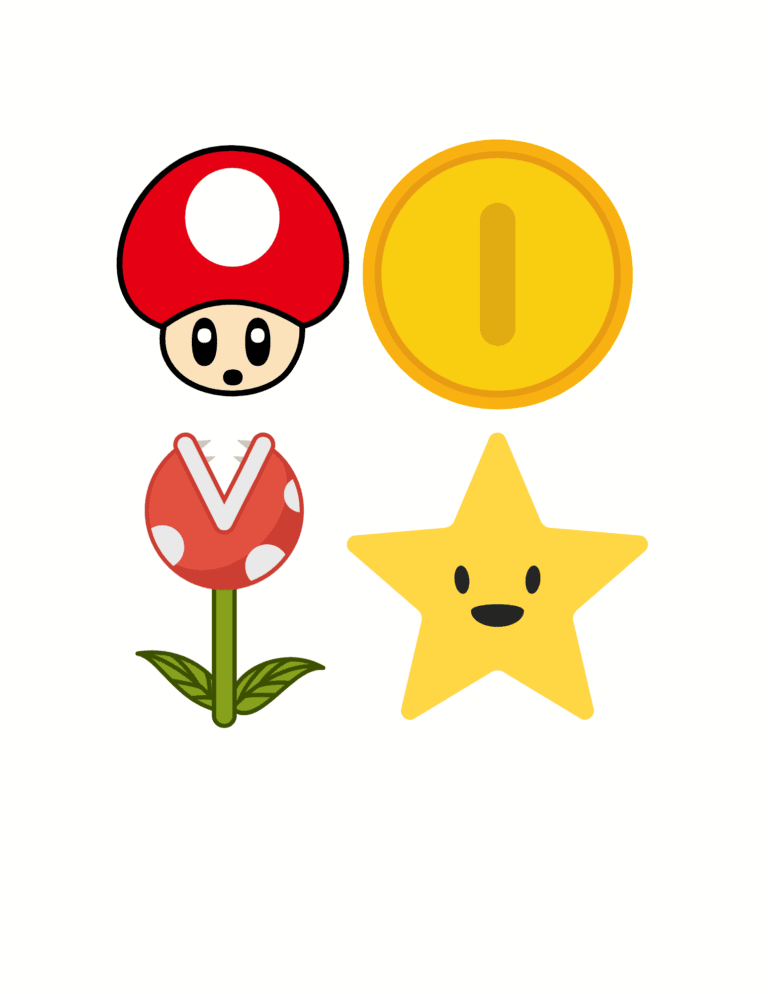 Colorful Super Mario inspired cake toppers featuring mushroom, coin, flower, and star designs, perfect for gaming-themed dessert decorations.