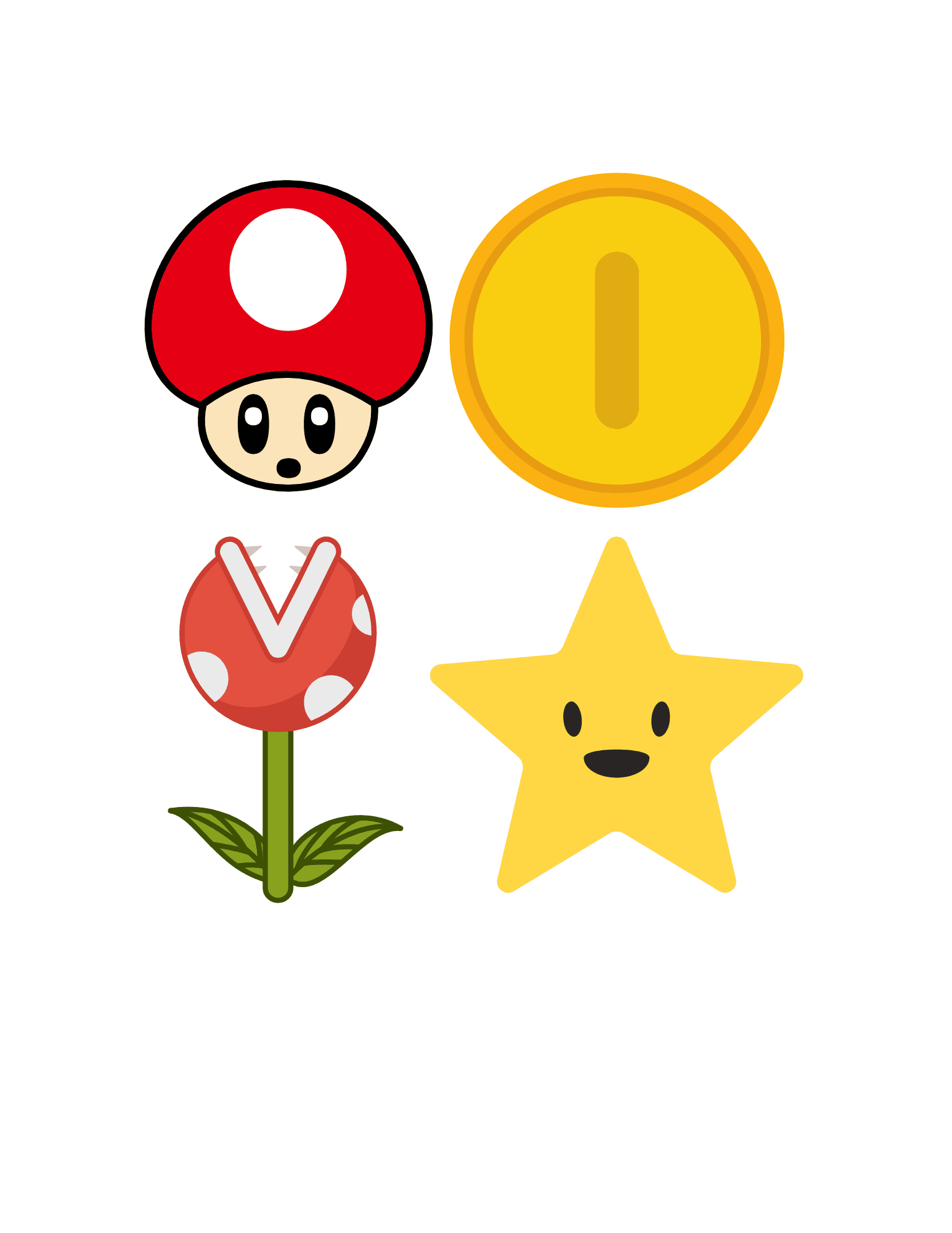 Colorful Super Mario inspired cake toppers featuring mushroom, coin, flower, and star designs, perfect for gaming-themed dessert decorations.