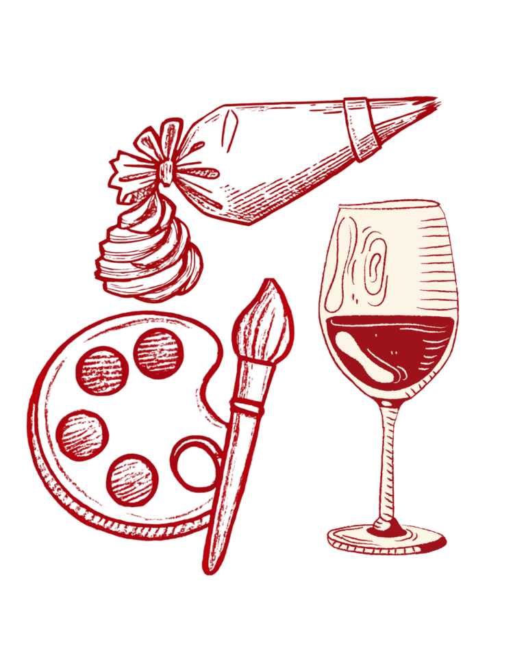 Decorative cake and pastry supplies, including piping bags, cake paints, and wine glasses for bakery and dessert decoration.