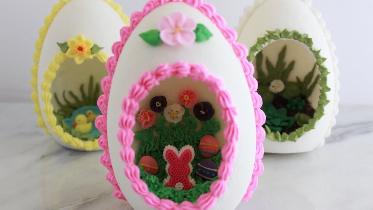 Colorful edible Easter egg cake toppers with flowers, bunnies, and spring-themed designs, perfect for Easter celebrations and springtime baking projects.