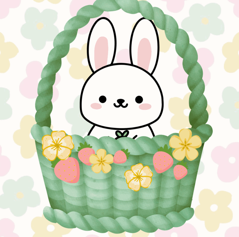 An adorable bunny cake topper in a woven basket with pastel flowers and strawberries, perfect for Easter or spring-themed cake decorating.