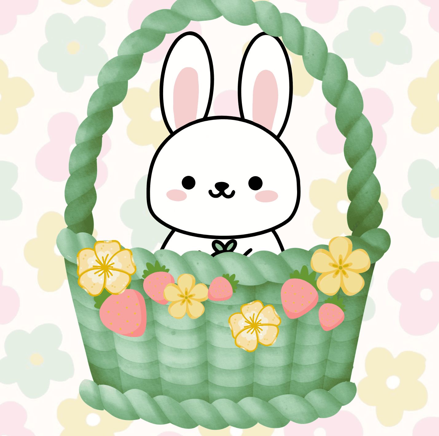 An adorable bunny cake topper in a woven basket with pastel flowers and strawberries, perfect for Easter or spring-themed cake decorating.
